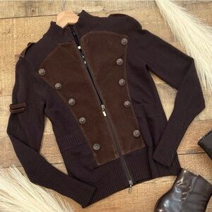 Sweater Jacket Military Inspired Chocolate Suede Zip Up ⭐️NWT